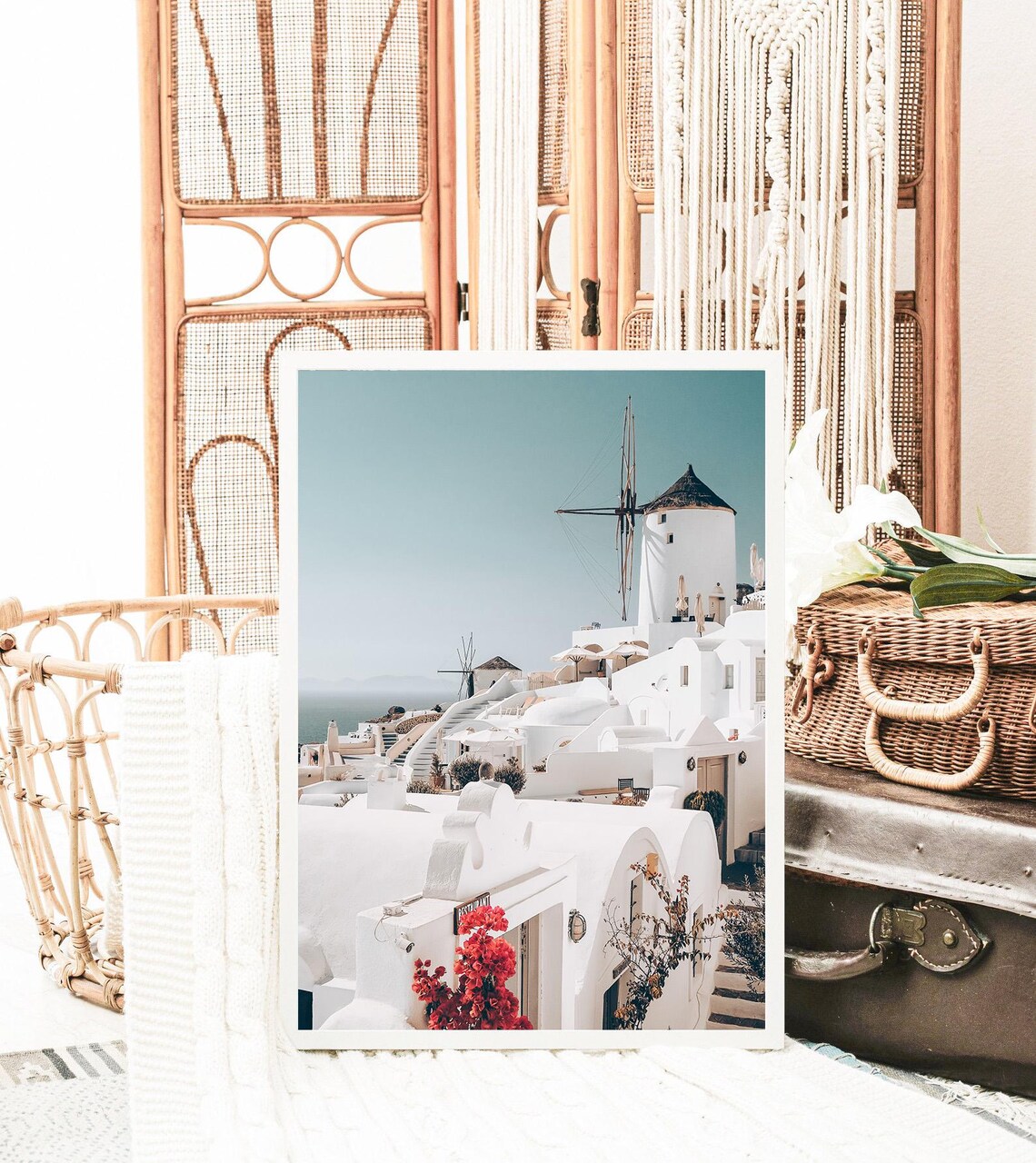 Greek Island Village White Windmill Bougainvillea Travel Photo Poster - Image 2