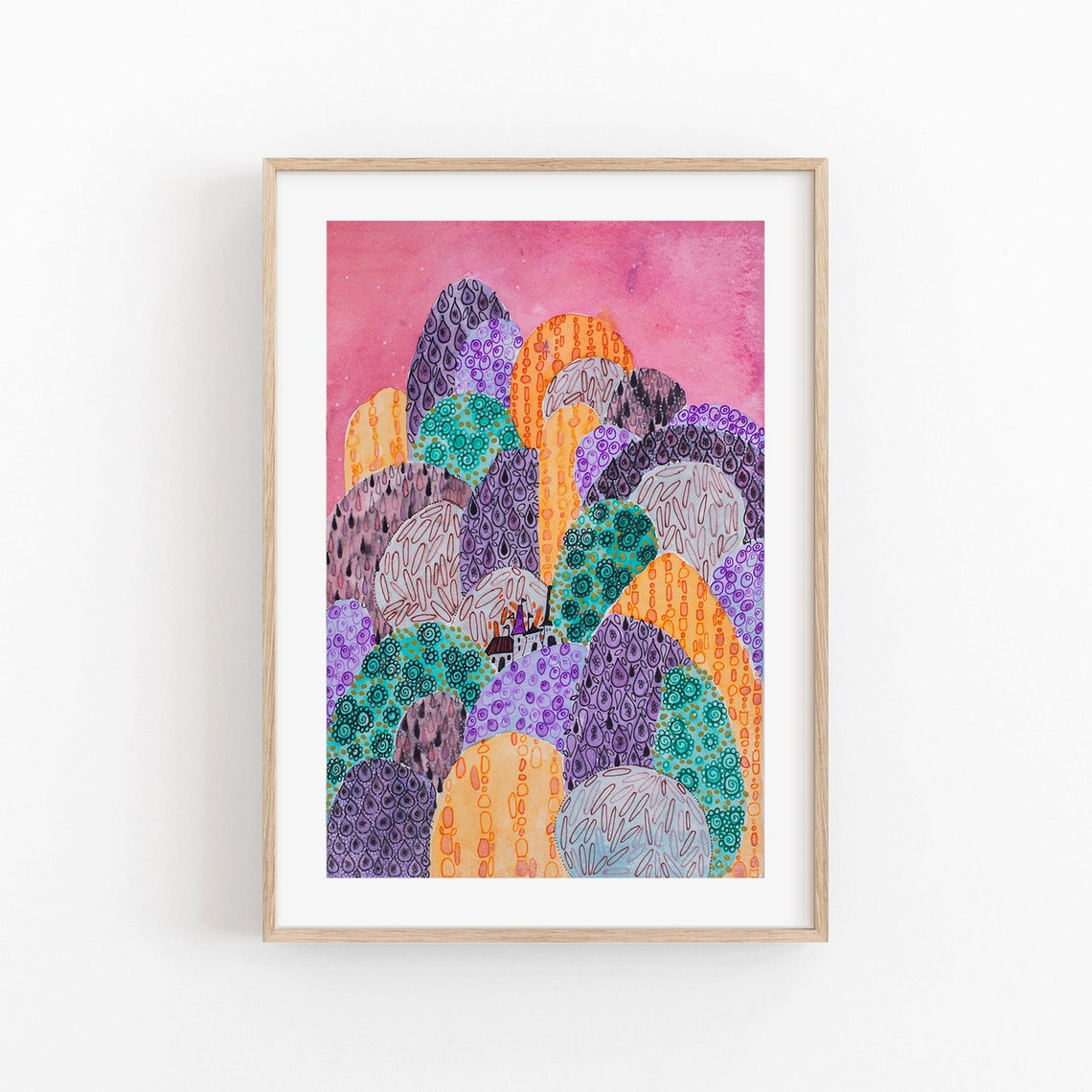 Pink Doodle Hills Whimsical Patterned Landscape Watercolor Poster