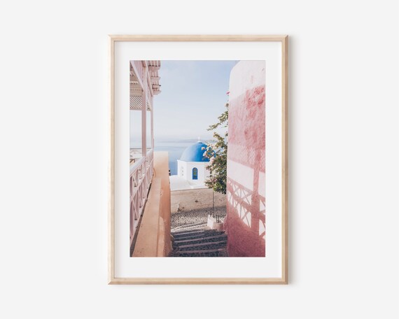 Santorini Blue Dome Church Narrow Alley Greek Island Travel Poster