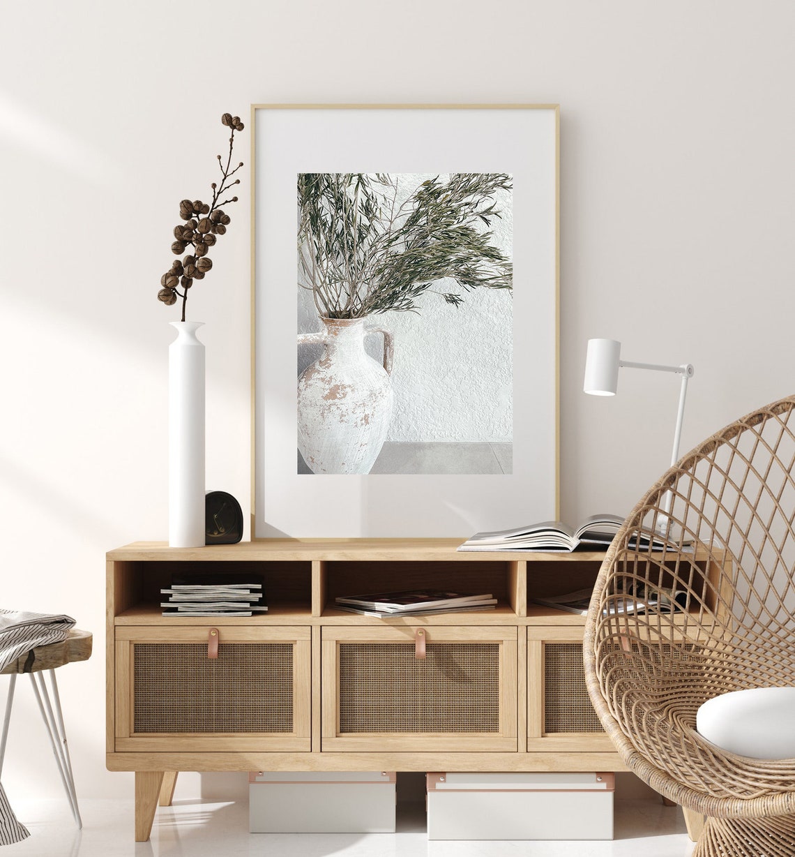 Rustic White Clay Vase With Olive Branches Minimal Still Life Poster - Image 3