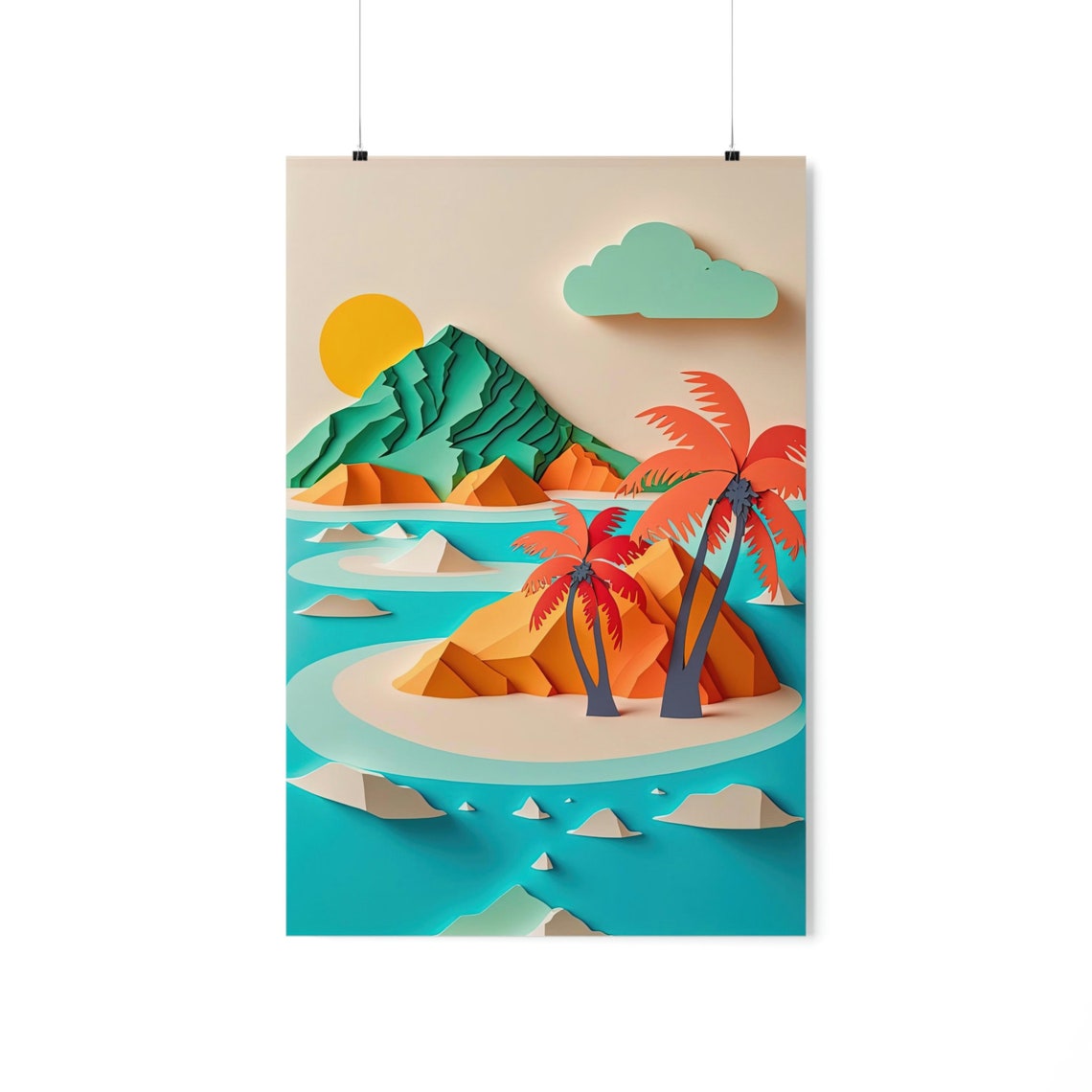 Tropical Island Palm Trees Paper Cut Style Ocean Sunset Poster - Image 4