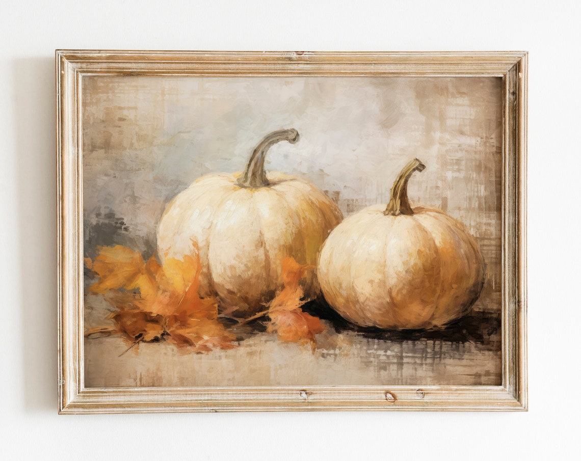 Two White Pumpkins With Fall Leaves Muted Autumn Still Life Poster