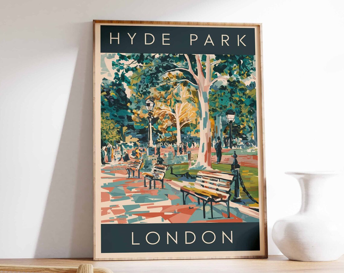 Hyde Park London Autumn Park Benches Retro Travel Style Poster