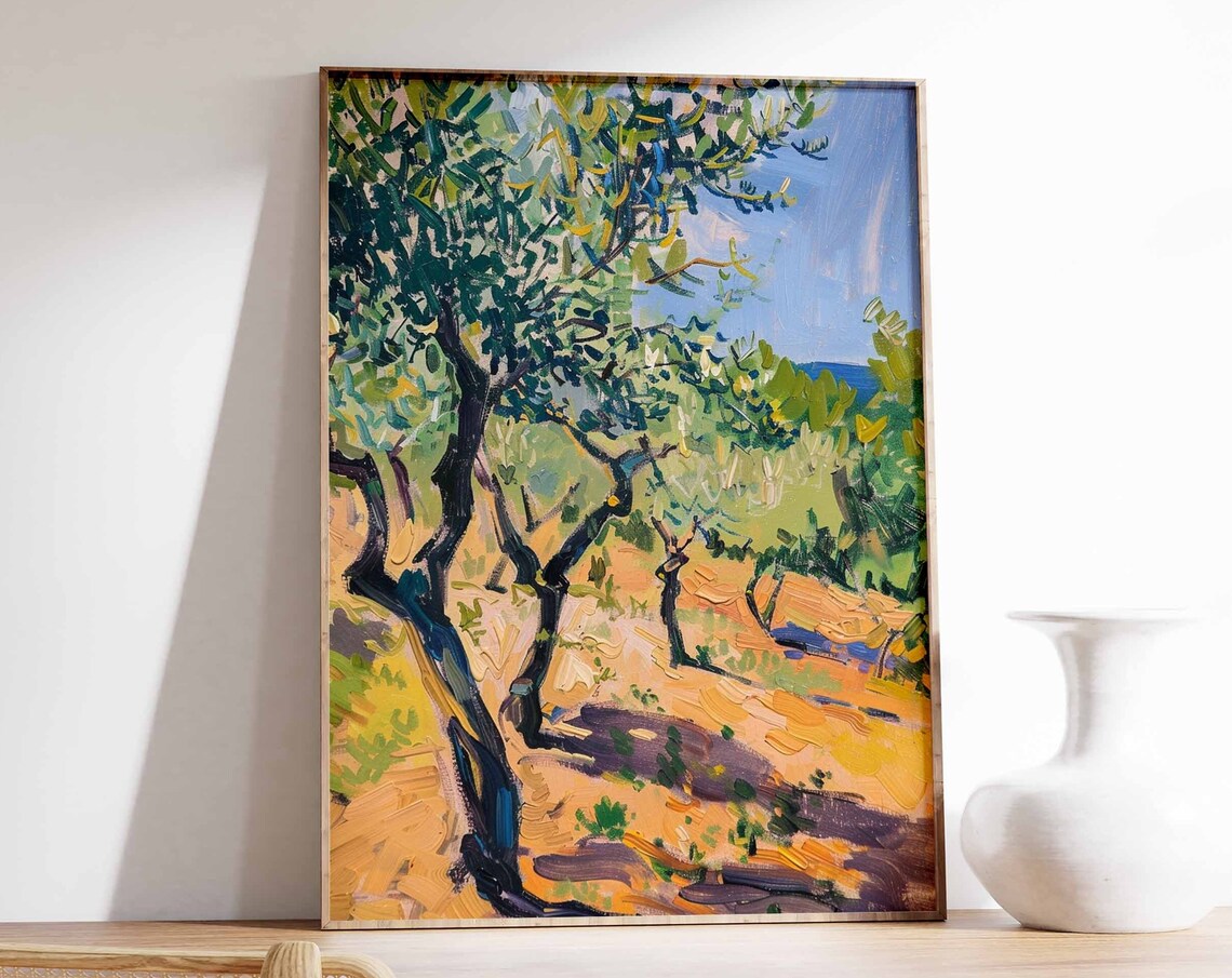 Olive Trees on Golden Hillside Blue Sky Oil Painting Art Print
