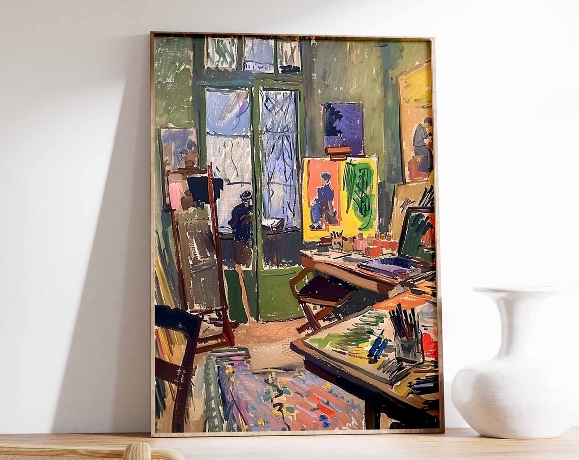 Green Toned Painter Studio with Easel and Seated Figure Poster