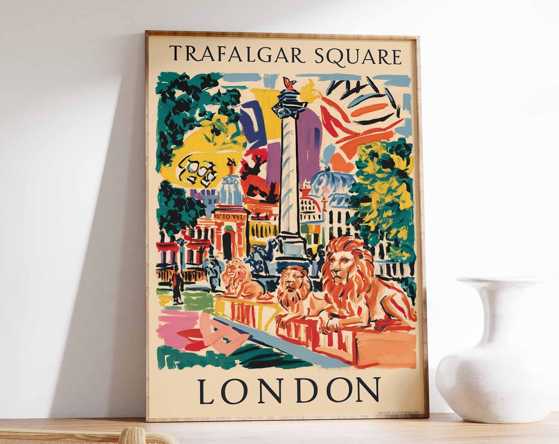 Trafalgar Square London Nelson Column Lions Colorful Art Poster