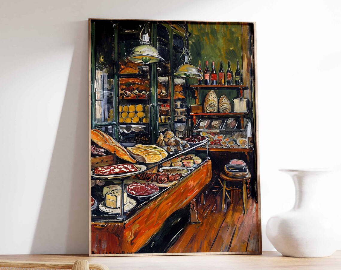 European Deli Interior Hanging Lamps Meat Cheese Bread Counter Poster