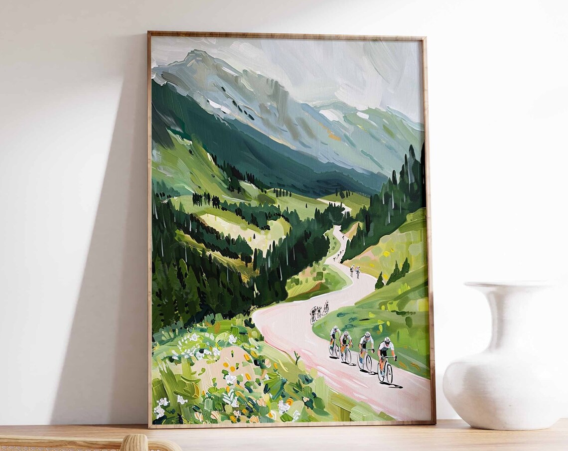 Cyclists Climbing Alpine Road Wildflower Meadow Mountain Poster