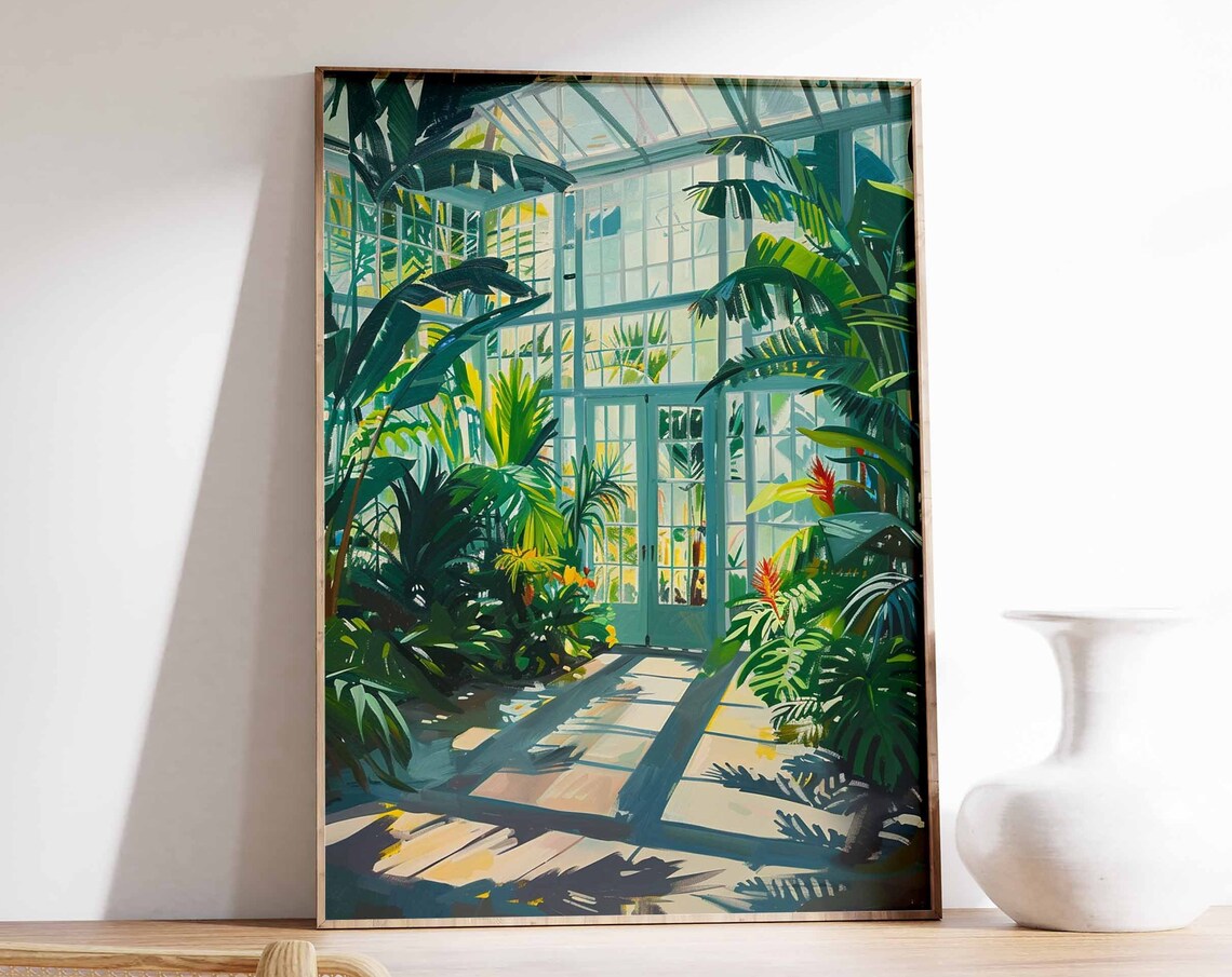 Sunlit Conservatory Glass Doors Monstera Leaf Painting Poster