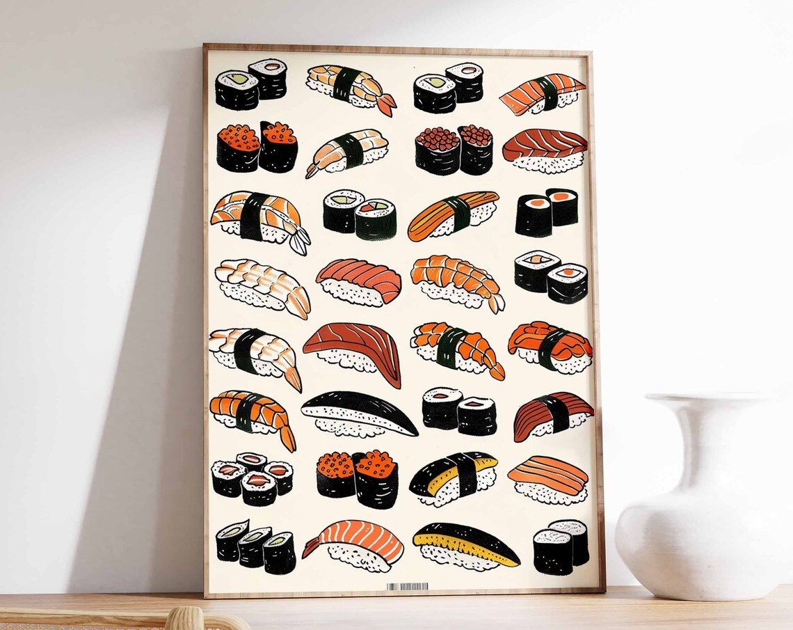 Sushi Lovers Grid Tuna Salmon Shrimp Nigiri Maki Japanese Art Poster