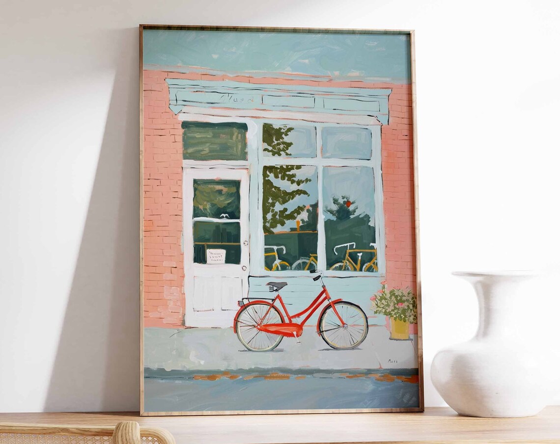 Pink Brick Storefront Red Bicycle Soft Pastel Street Scene Poster
