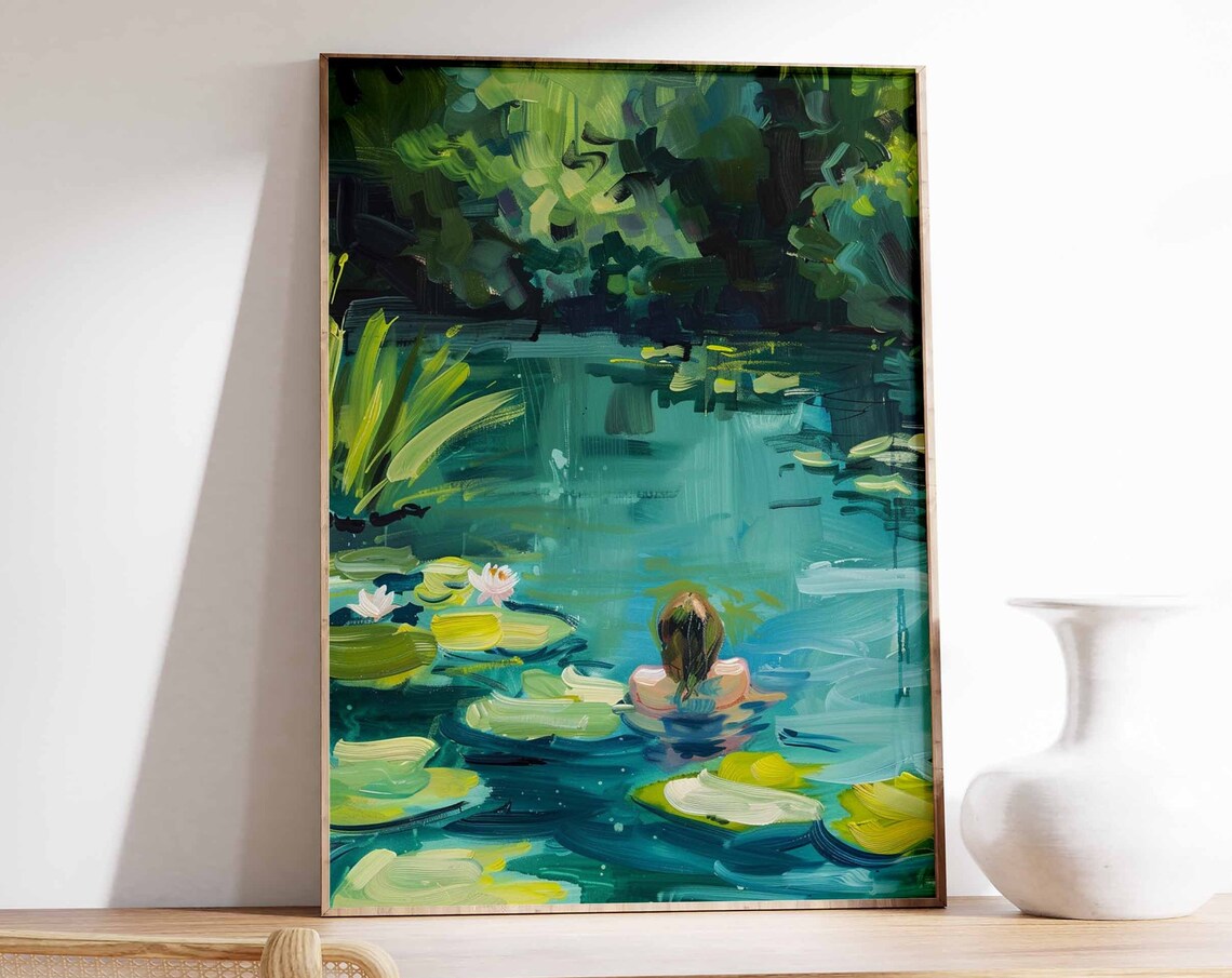 Woman Swimming Among Water Lilies Green Pond Painting Poster
