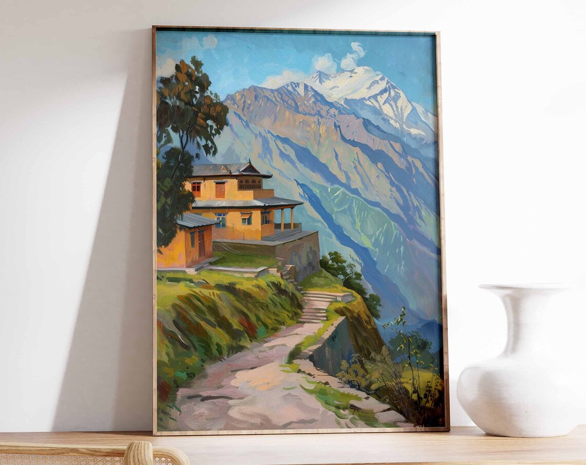 Mountain House on Hillside Path Snow Capped Peaks Painting Poster