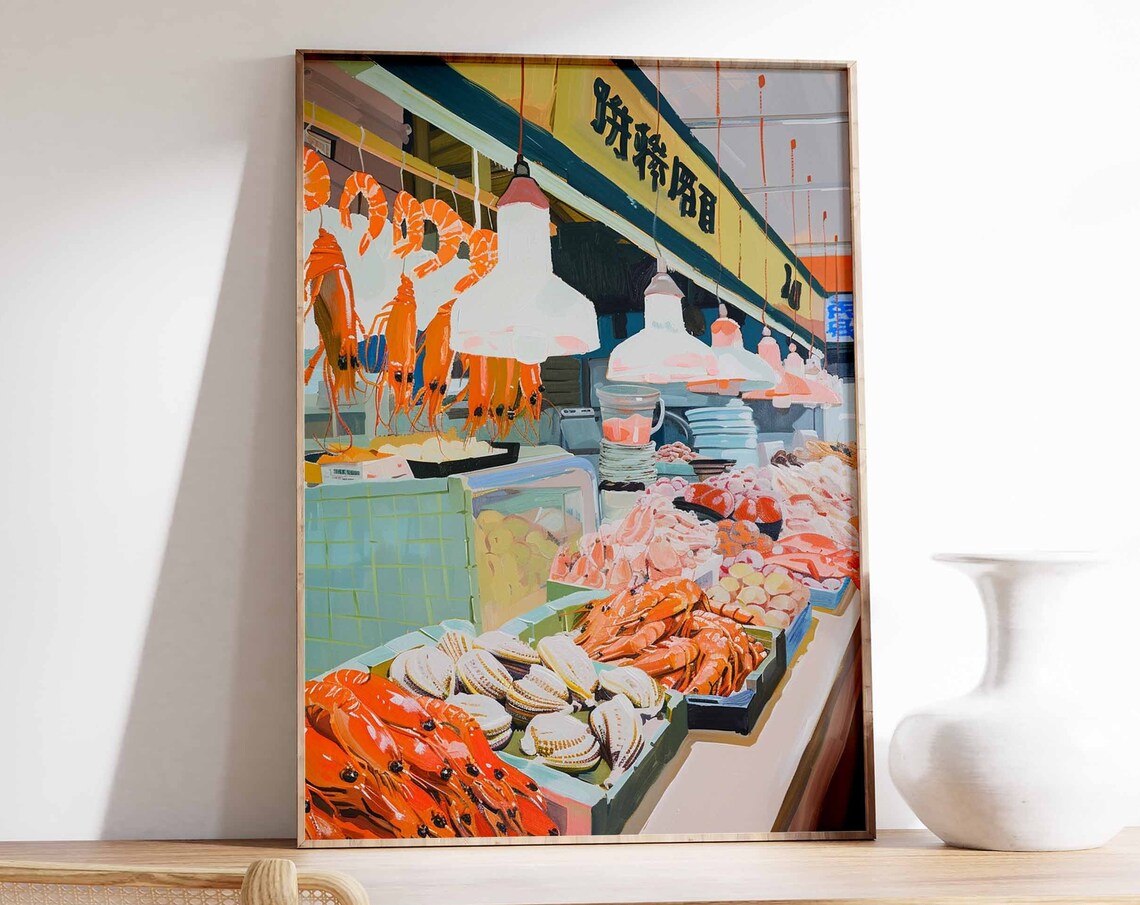 Asian Seafood Stall Hanging Prawns Shop Signage Painting Poster
