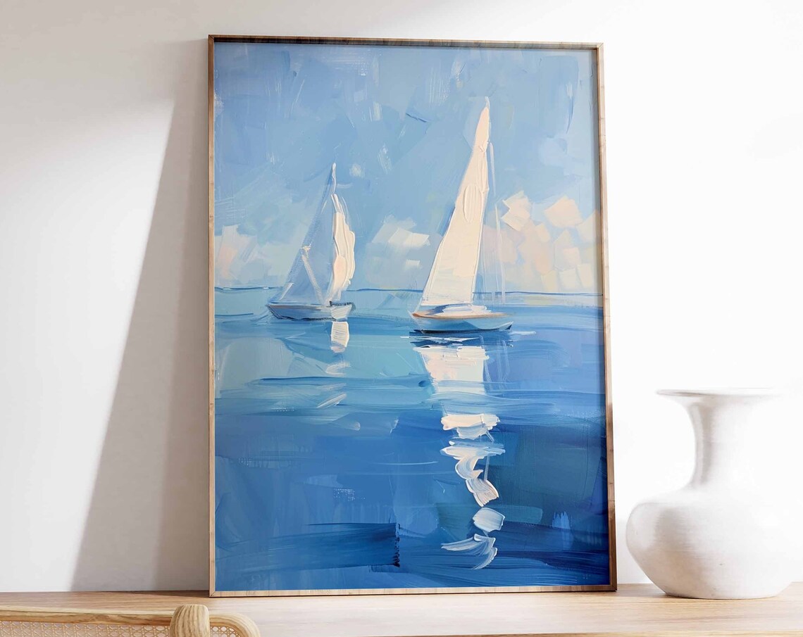 Pair of Sailboats with Water Reflections Calm Seascape Art Poster
