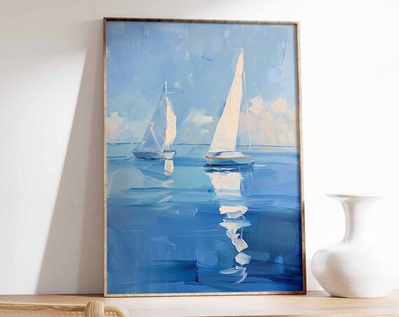 Pair of Sailboats with Water Reflections Calm Seascape Art Poster