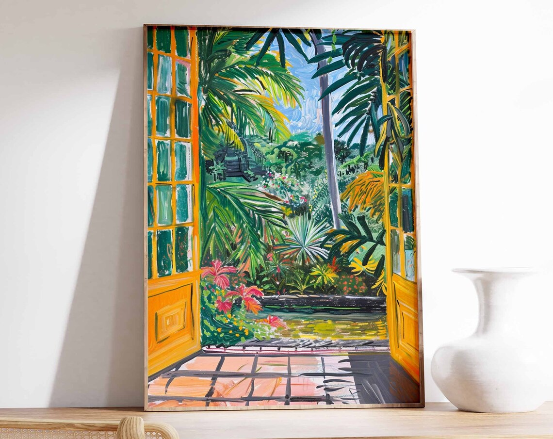 Yellow French Doors Tropical Garden Pond Palm Trees Art Poster