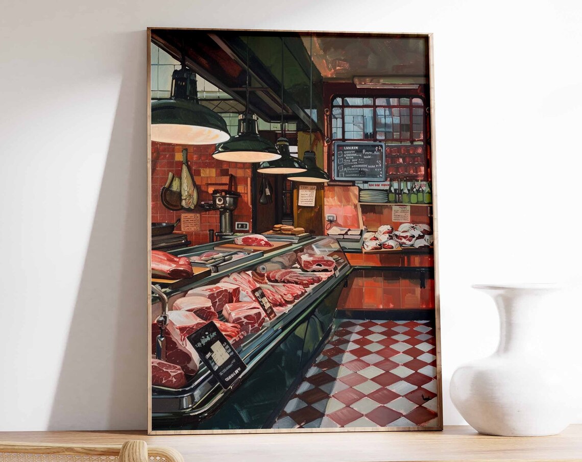 Old Fashioned Butcher Shop Meat Counter Checkered Floor Art Print