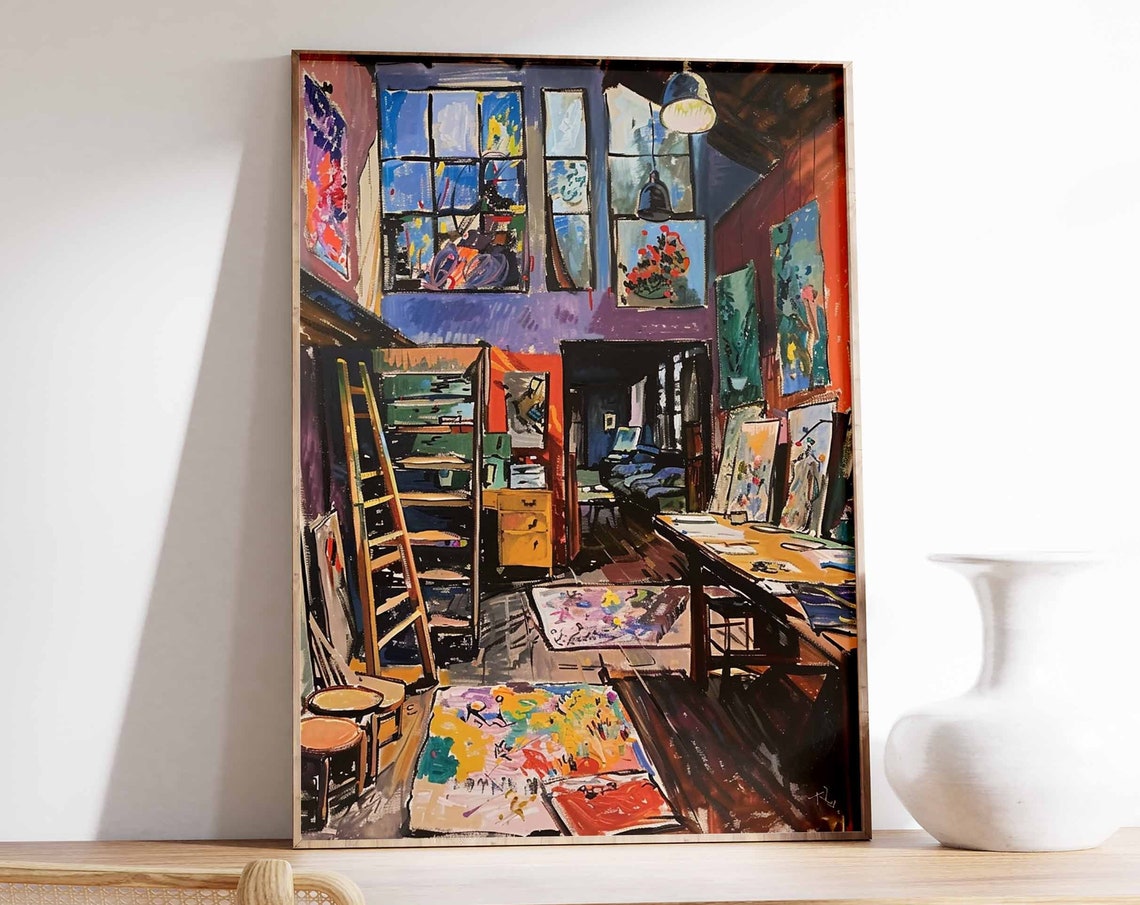 Industrial Loft Art Studio with High Windows and Ladder Poster
