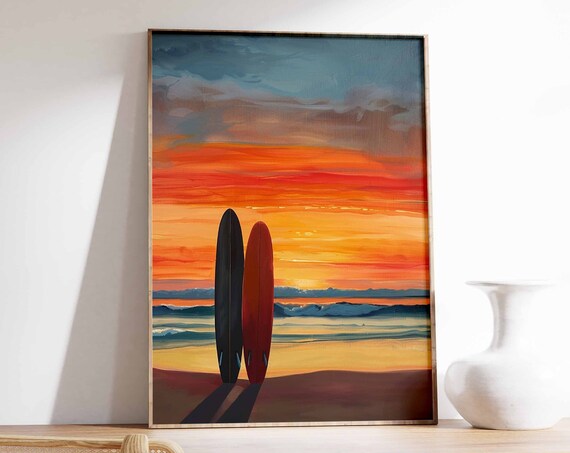 Two Surfboards on a Beach at a Fiery Sunset Ocean Wave Poster