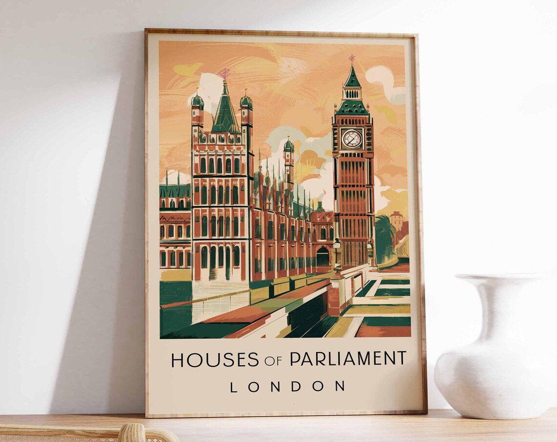 Houses of Parliament Big Ben London Sunset Retro Travel Poster