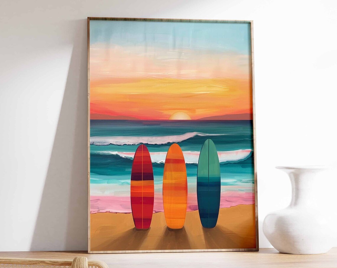 Three Surfboards Sunset Beach Ocean Waves Colorful Surf Poster