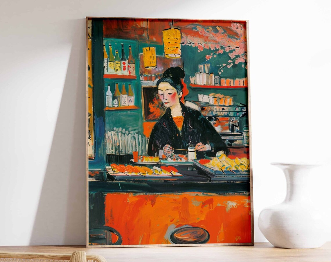 Japanese Sushi Bar Chef Painting Izakaya Restaurant Scene Poster