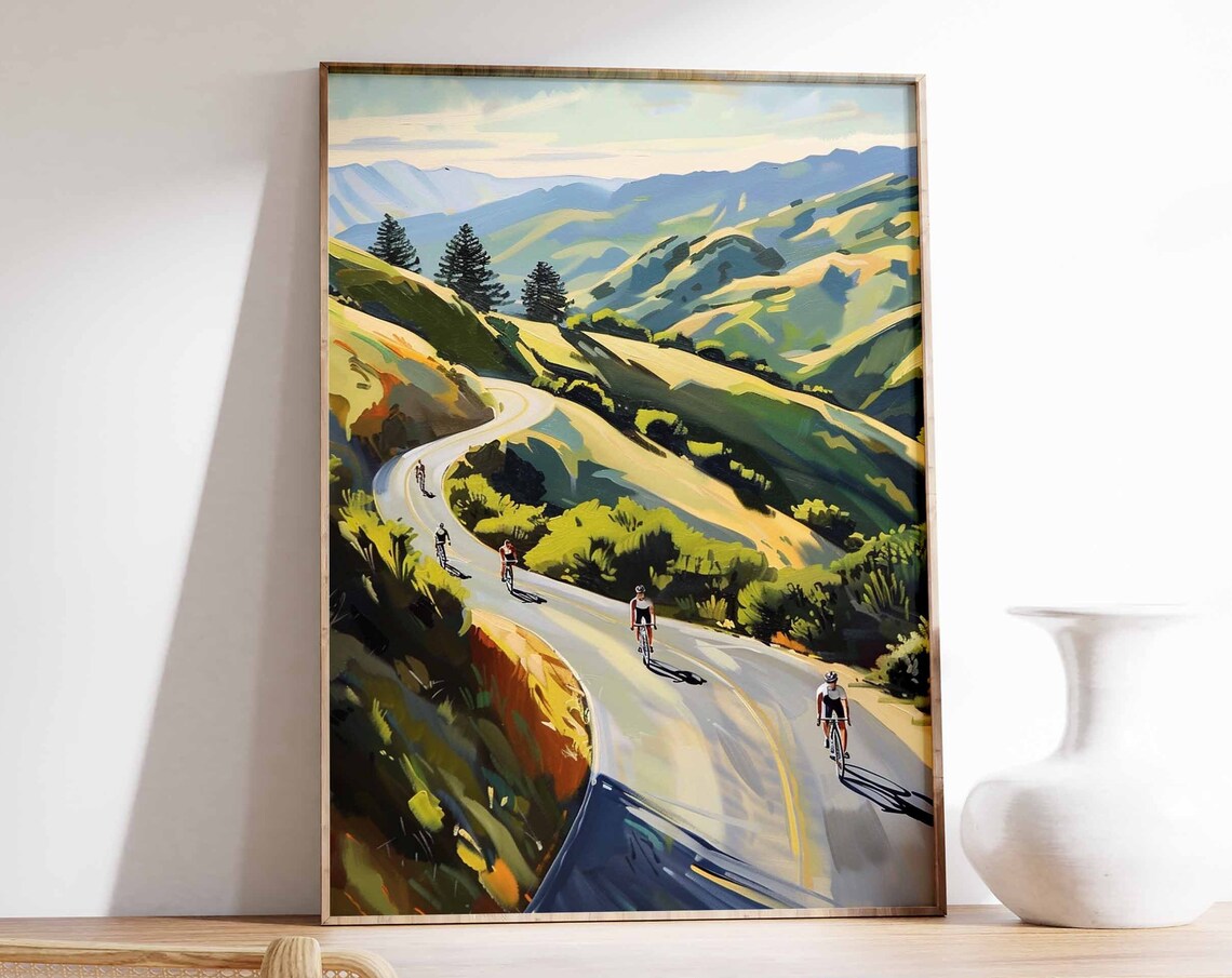Cyclists Mountain Road Ride Painted Landscape Cycling Poster
