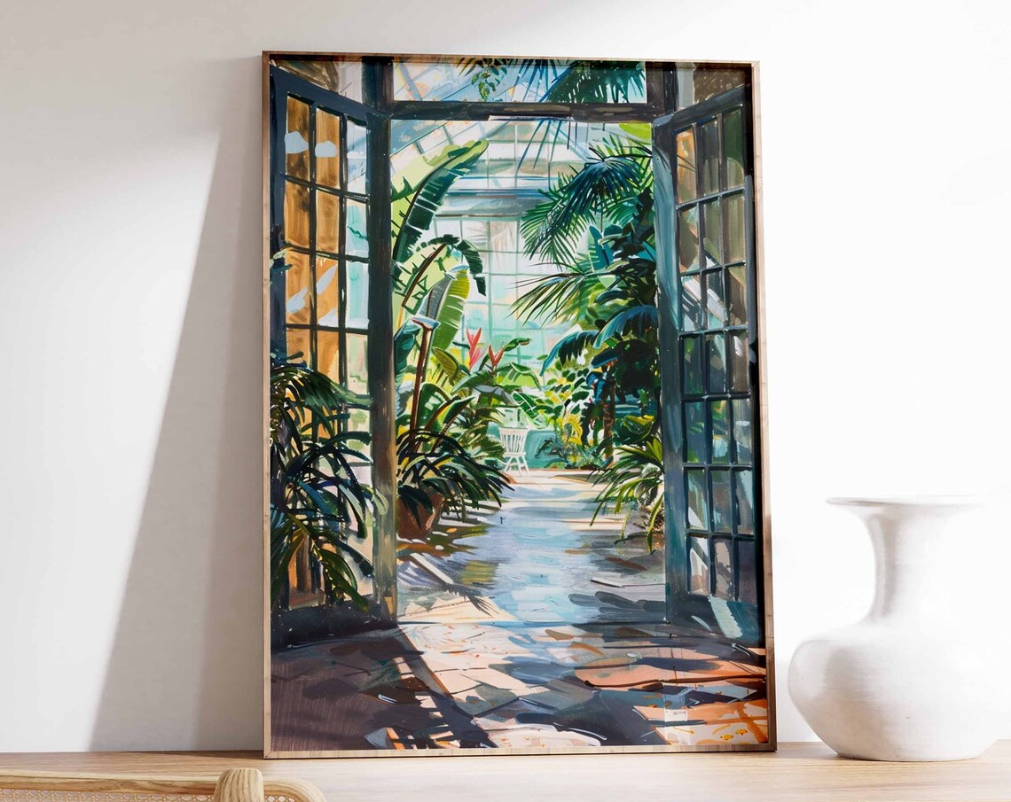 Open Glass Doors Tropical Conservatory Sunlit Garden Art Poster