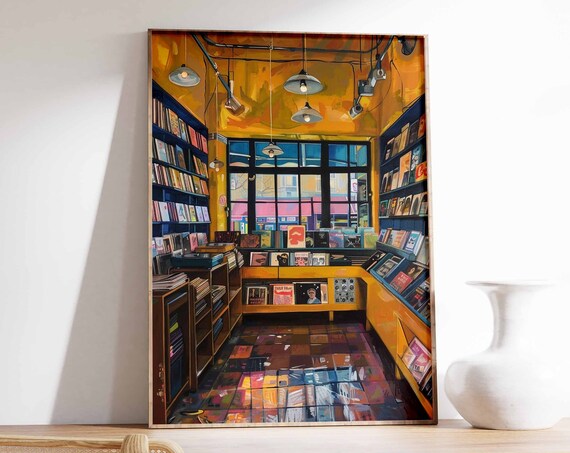 Golden Vintage Vinyl Record Store Interior With Big Windows Poster
