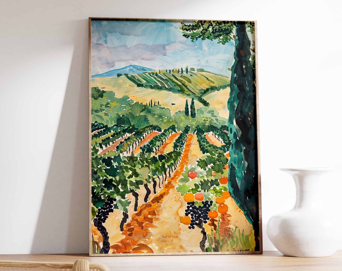 Watercolor Vineyard Landscape Art Poster Grape Vines and Cypress