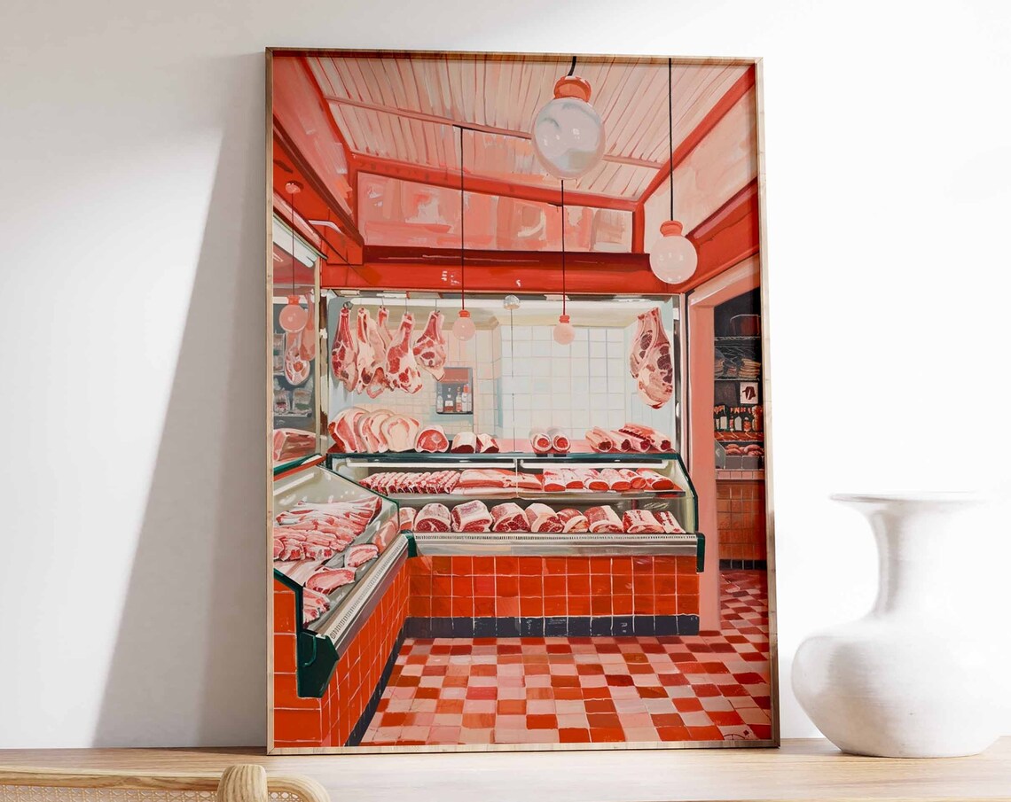 Vintage Butcher Shop Red Tiled Meat Display Painted Retro Art Print