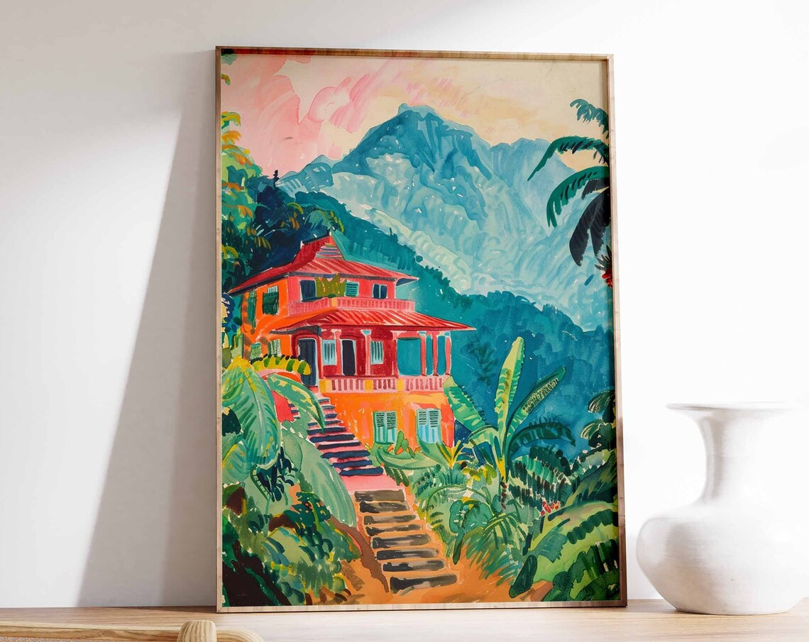 Red Colonial House with Steps Among Palm Trees Mountain Art Poster