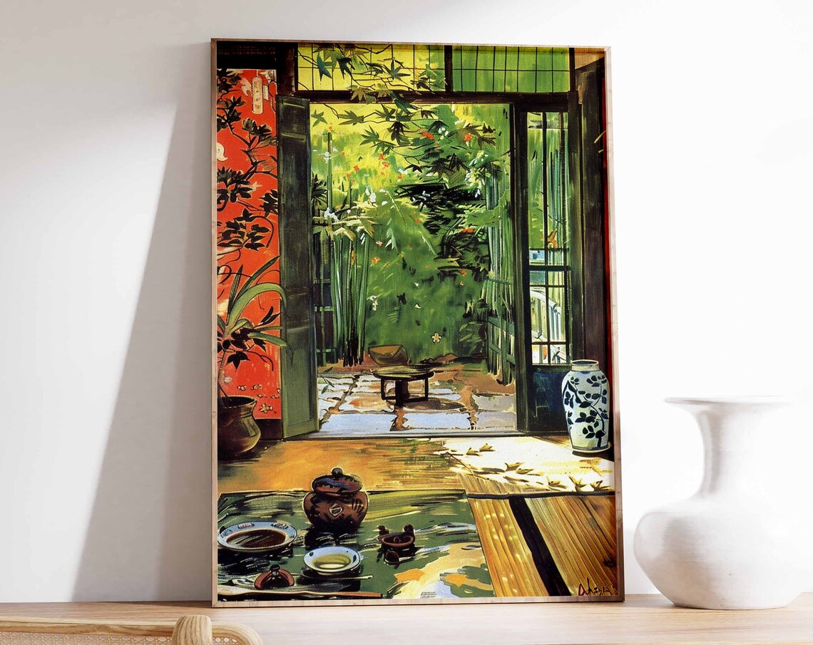 Sunlit Japanese Tea Room Garden View Interior Painting Poster
