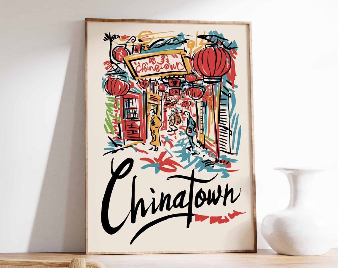Chinatown Lantern Street Hand Drawn Sketch Art London Poster
