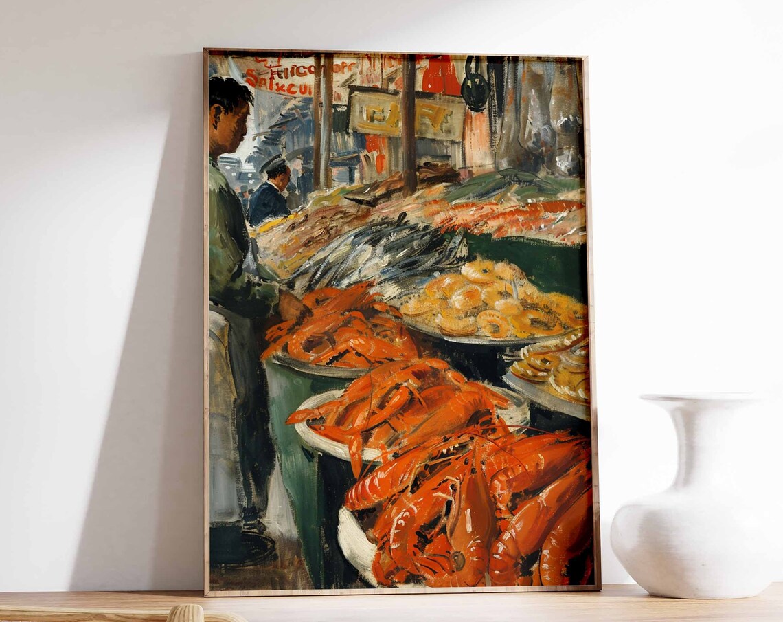 Seafood Market Vendor Octopus Squid Fish Stall Painting Poster