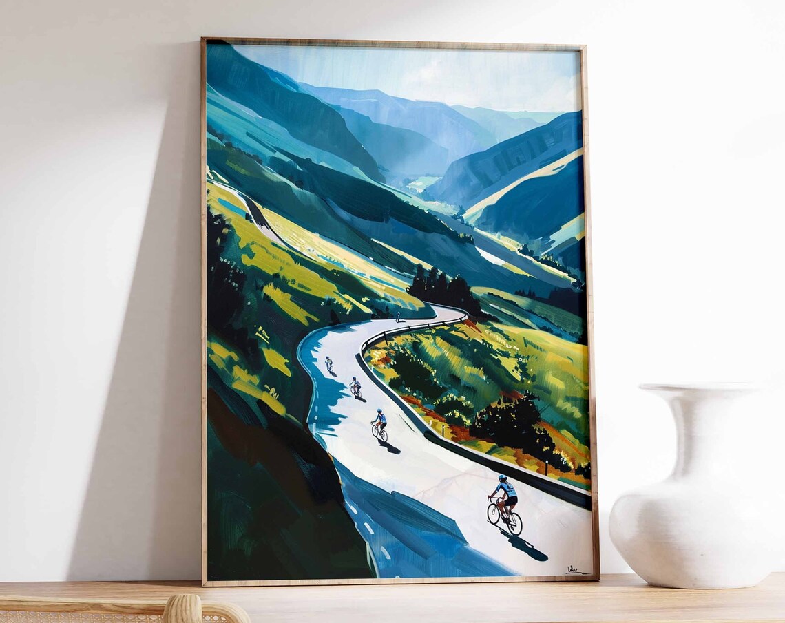 Peloton Racing Down Alpine Hairpin Mountain Road Cycling Poster