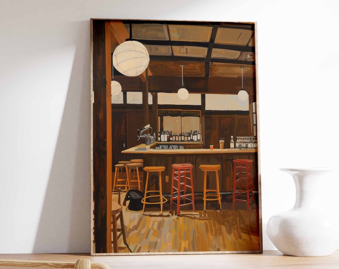 Japanese Bar Red Stools Round Paper Lanterns Wooden Counter Painting Poster