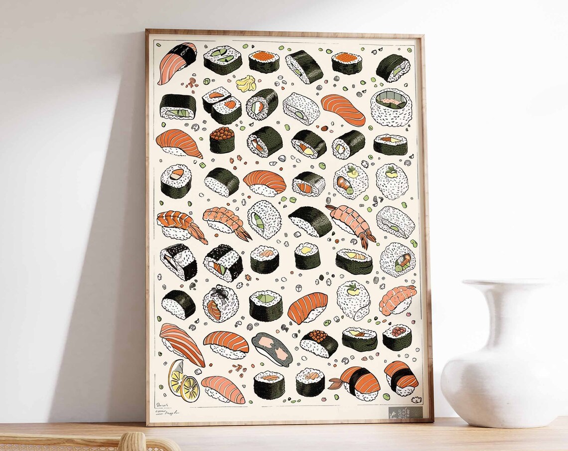 Sushi Varieties Illustrated Japanese Food Poster for Kitchen Wall