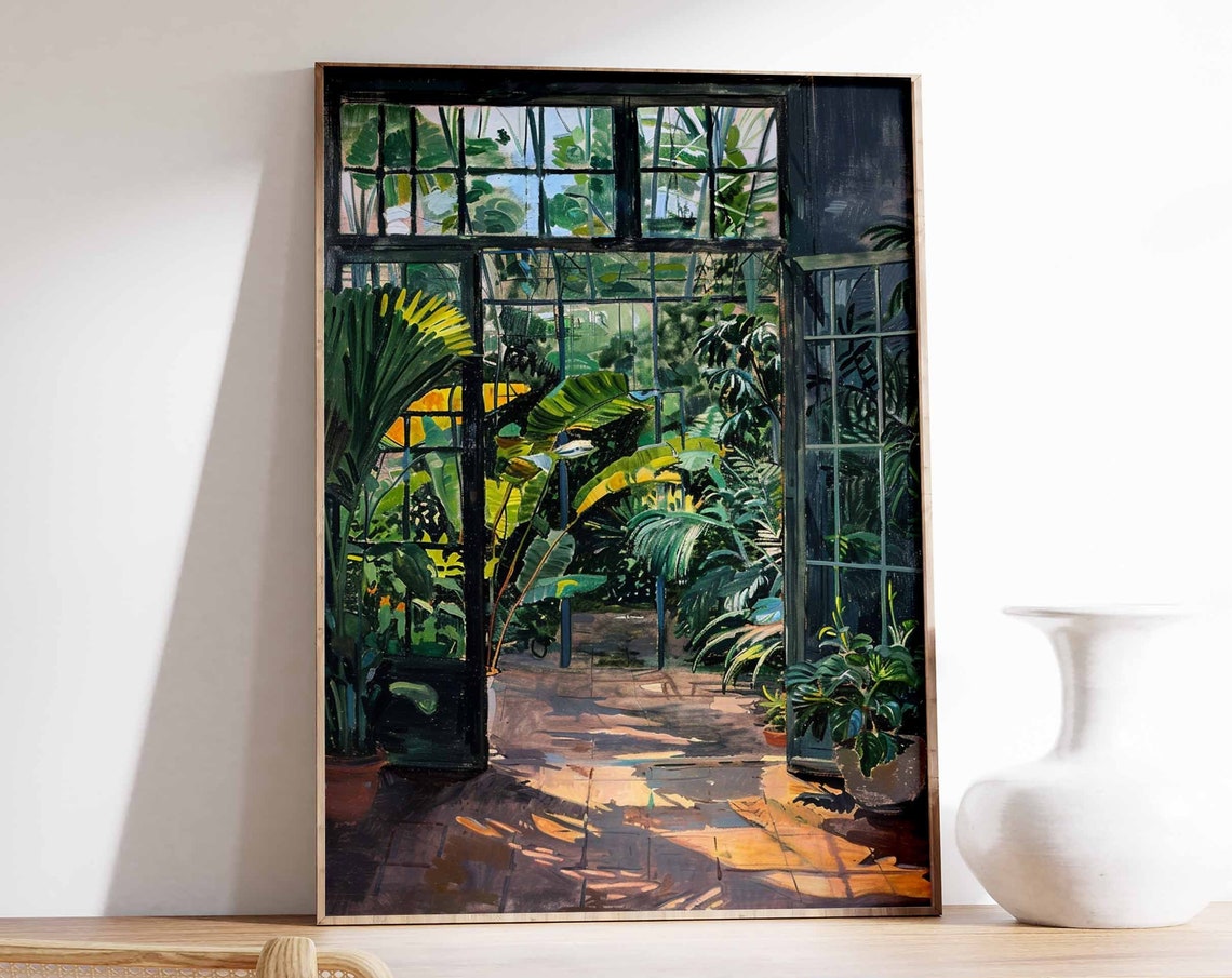 Shadowed Glasshouse Wall Tall Palms Botanical Painting Poster