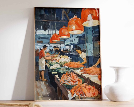 Asian Seafood Market Poster Seafood Print Food Poster Fish Market Print Kitchen Decor Asian Decor Oriental Art Print Seafood Art