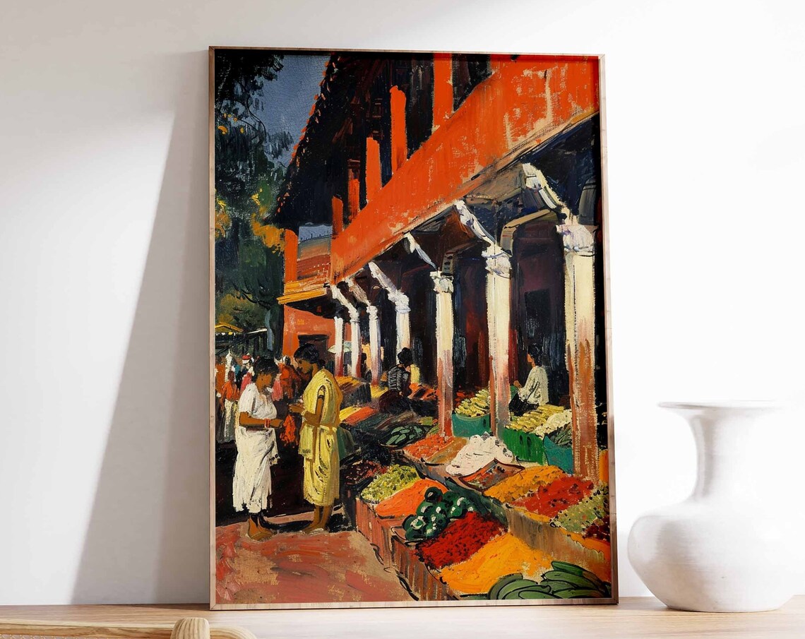 Indian Street Market Red Arcade Building Spice Stalls Art Poster