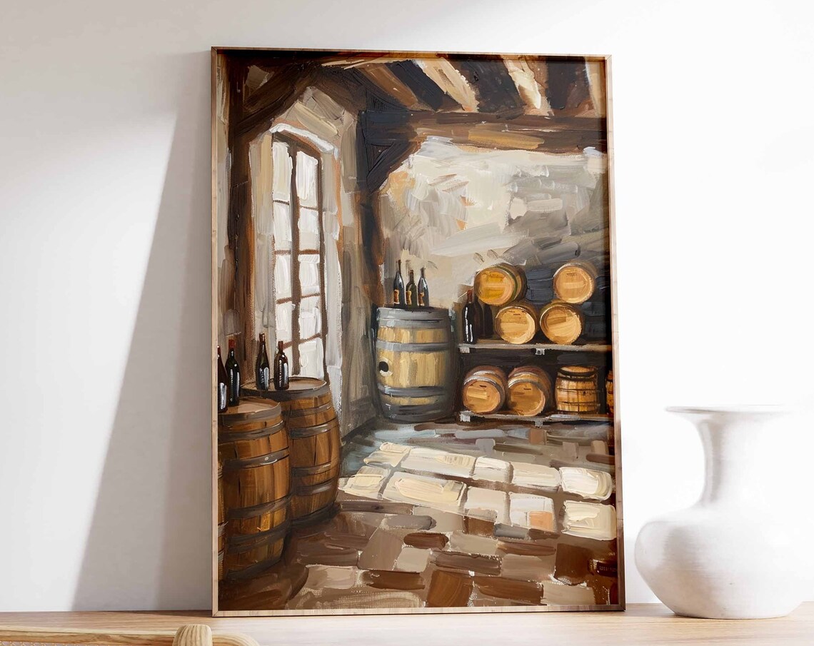 Wine Cellar Bottles and Barrels Art Poster Rustic Stone Wall Scene