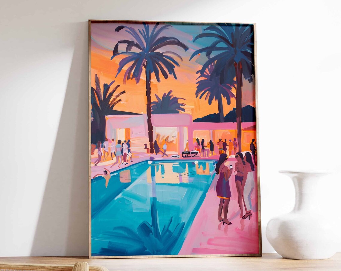 Evening Tropical Pool Party Palm Trees Sunset Scene Art Poster