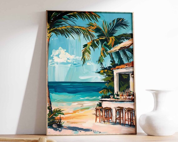 Caribbean Beach Bar Palm Trees Turquoise Sea Cocktail Stools Scene Art Poster