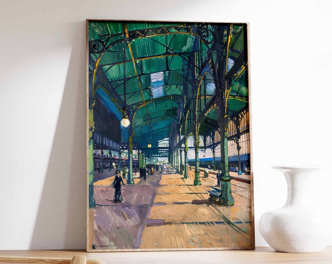 Historic Green Iron Railway Station Hall With Travelers Poster