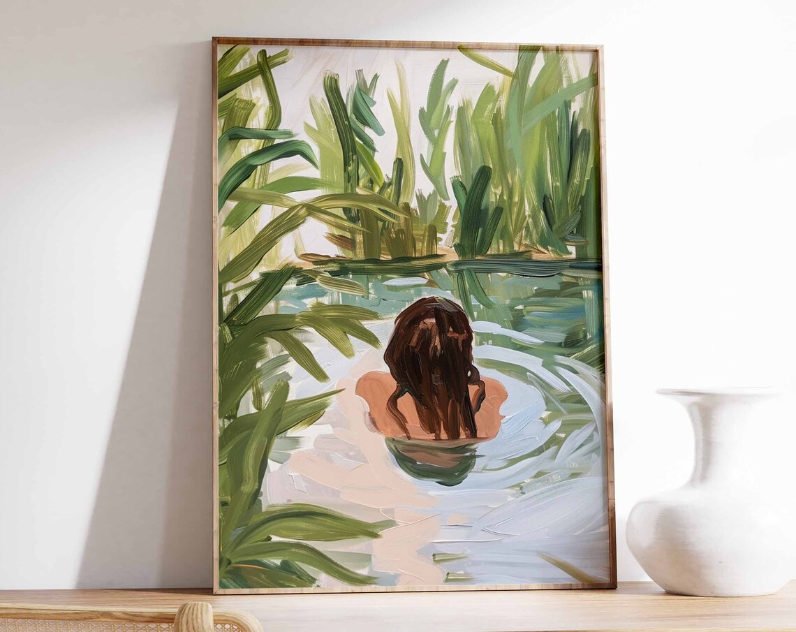 Calm Woman Floating in Reeds Lake Abstract Green Painting Poster