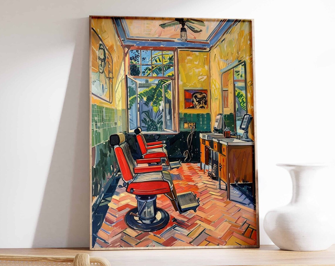 Sunlit Yellow Barbershop Red Chairs Open Door Palm Retro Salon Print