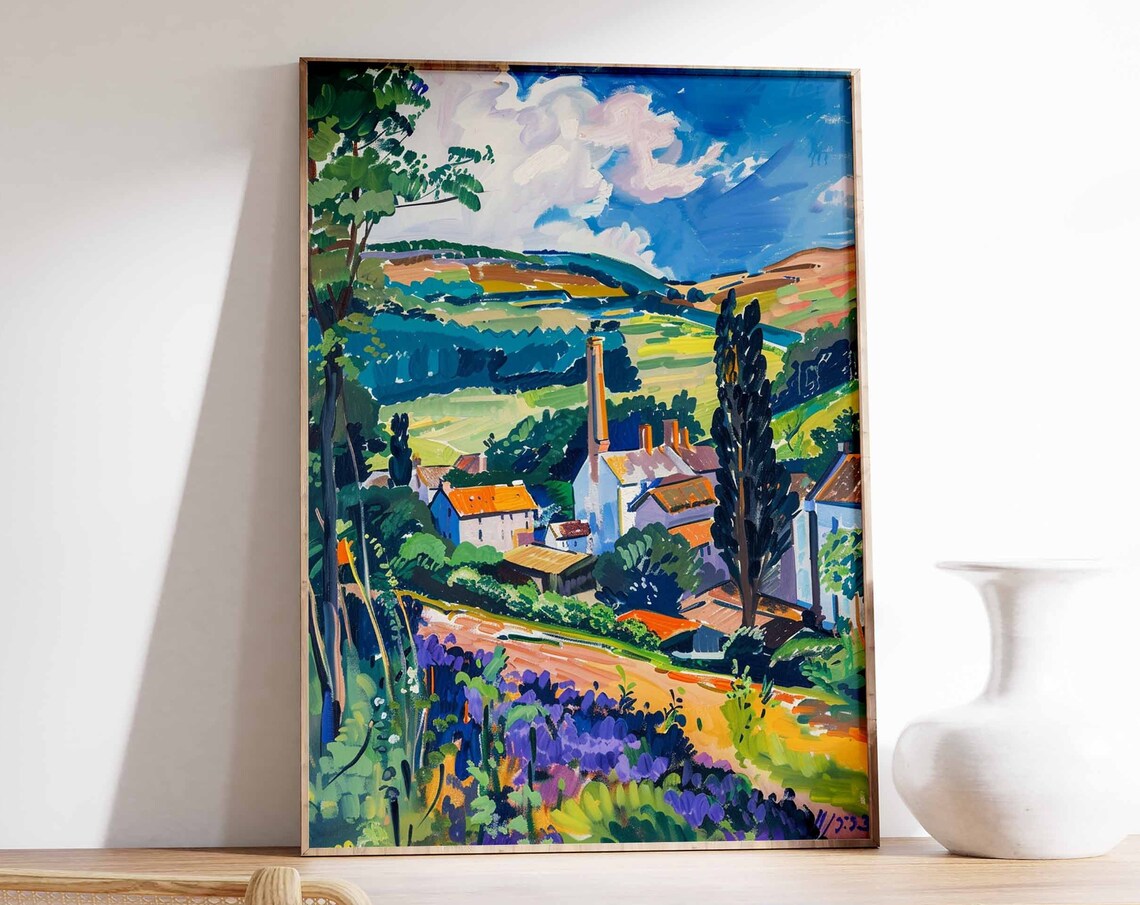 Village Distillery With Tall Chimney in Green Rolling Hills Poster