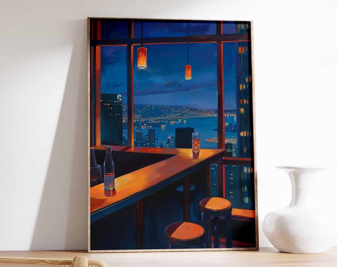 Rooftop Cocktail Bar Travel Poster, Lounge Decor